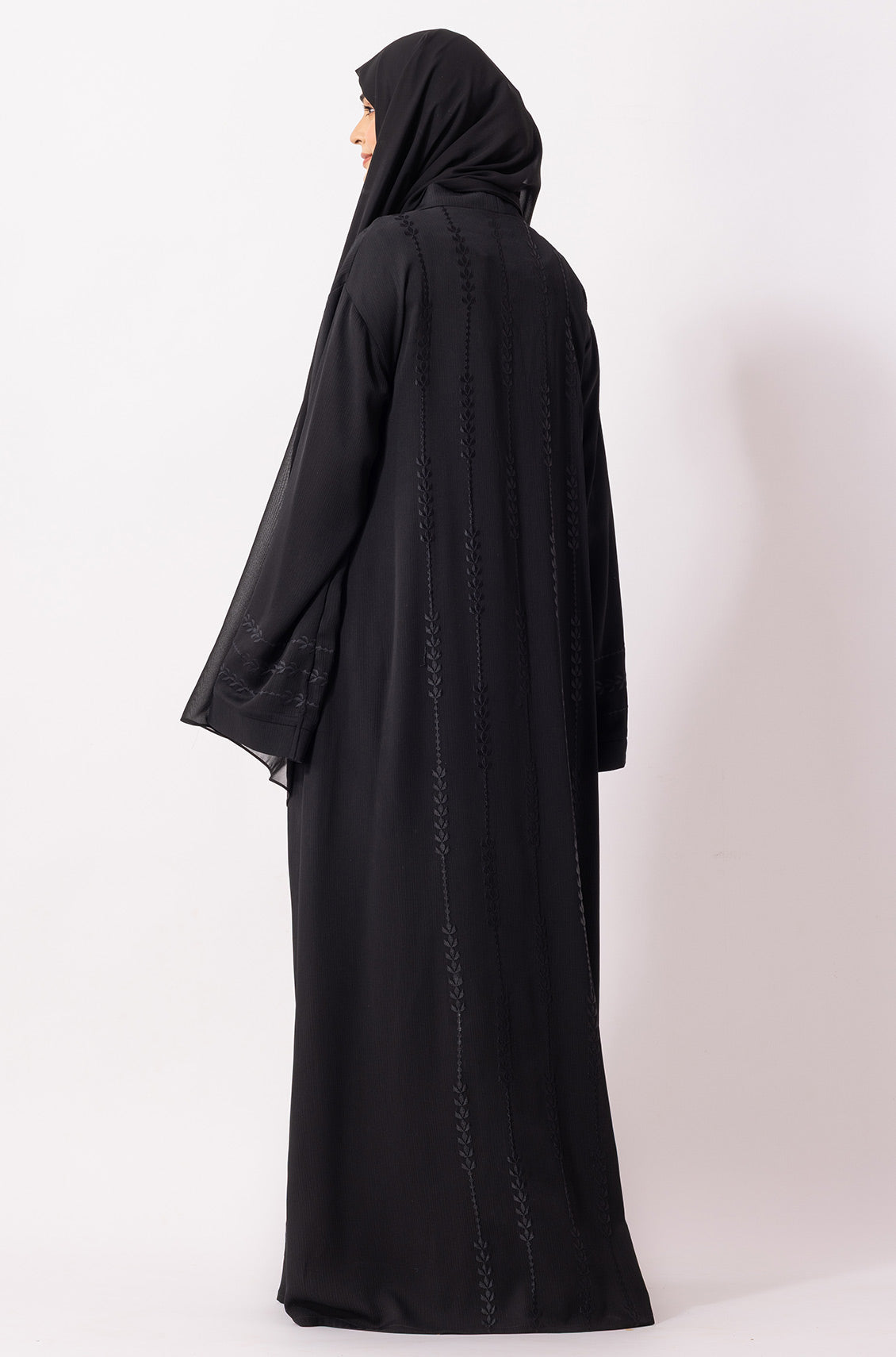 Floral Front Open Embroidered Abaya Black