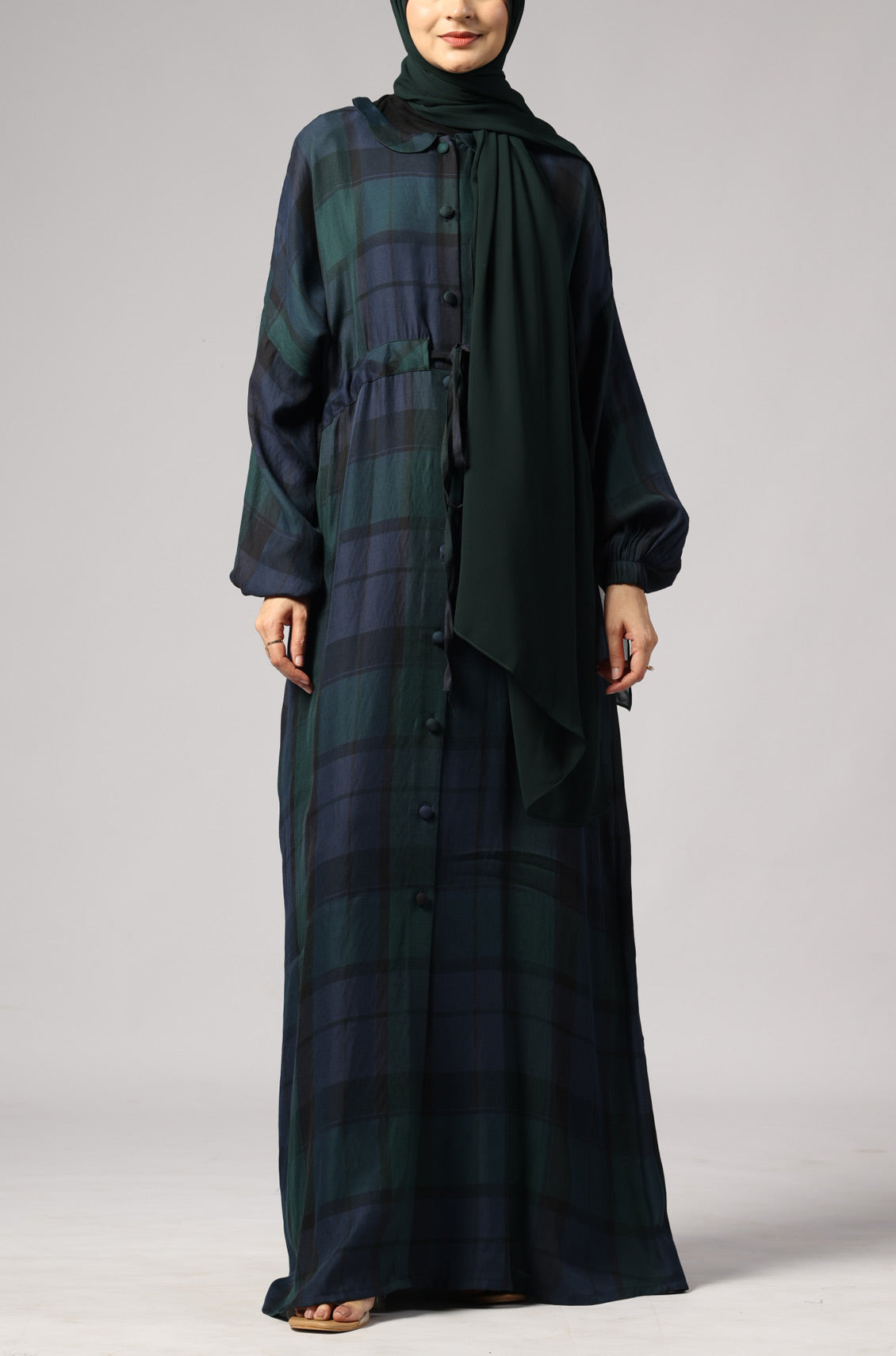 Check Drawstring Kimono Abaya Dress