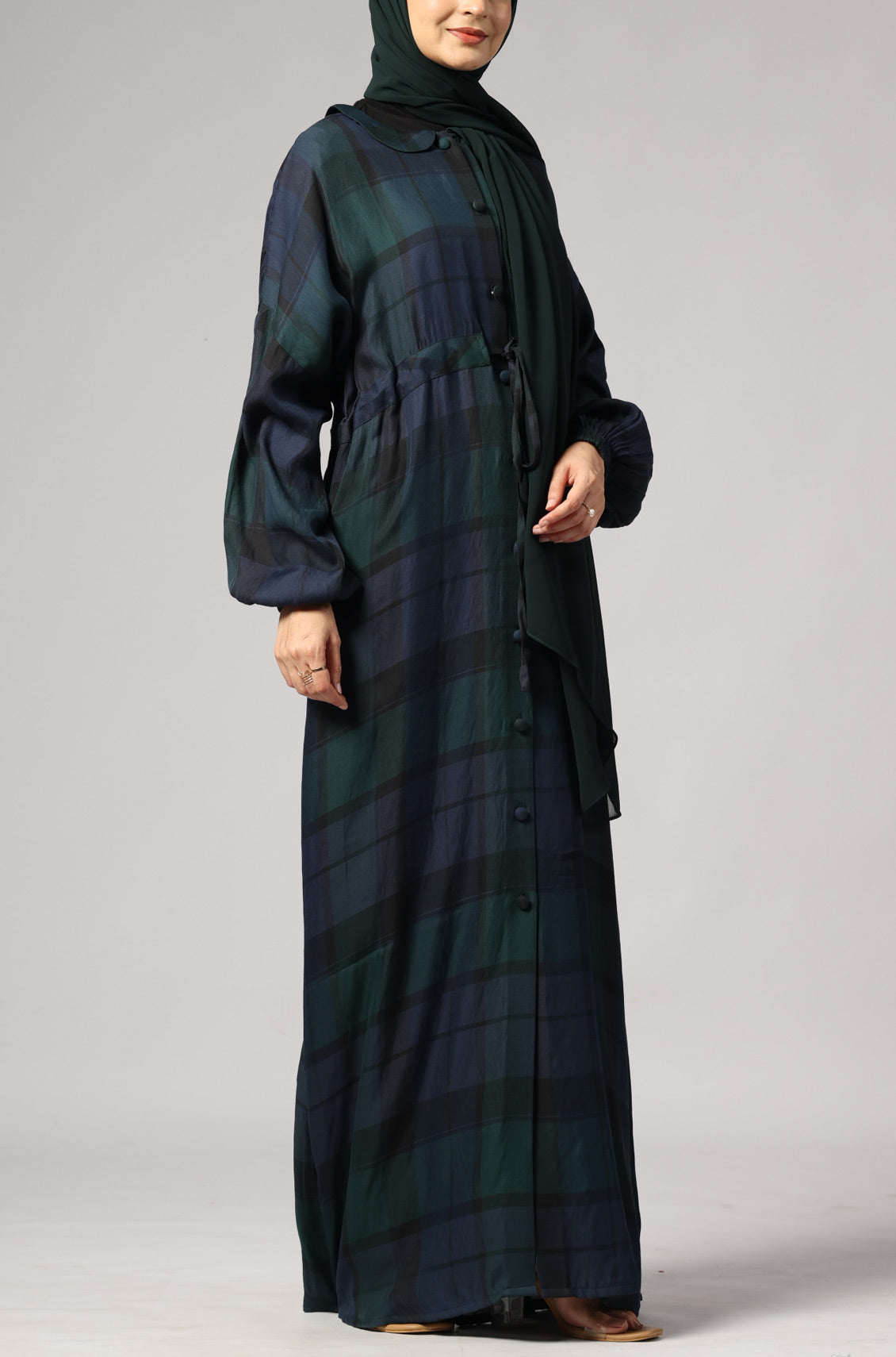 Check Drawstring Kimono Abaya Dress