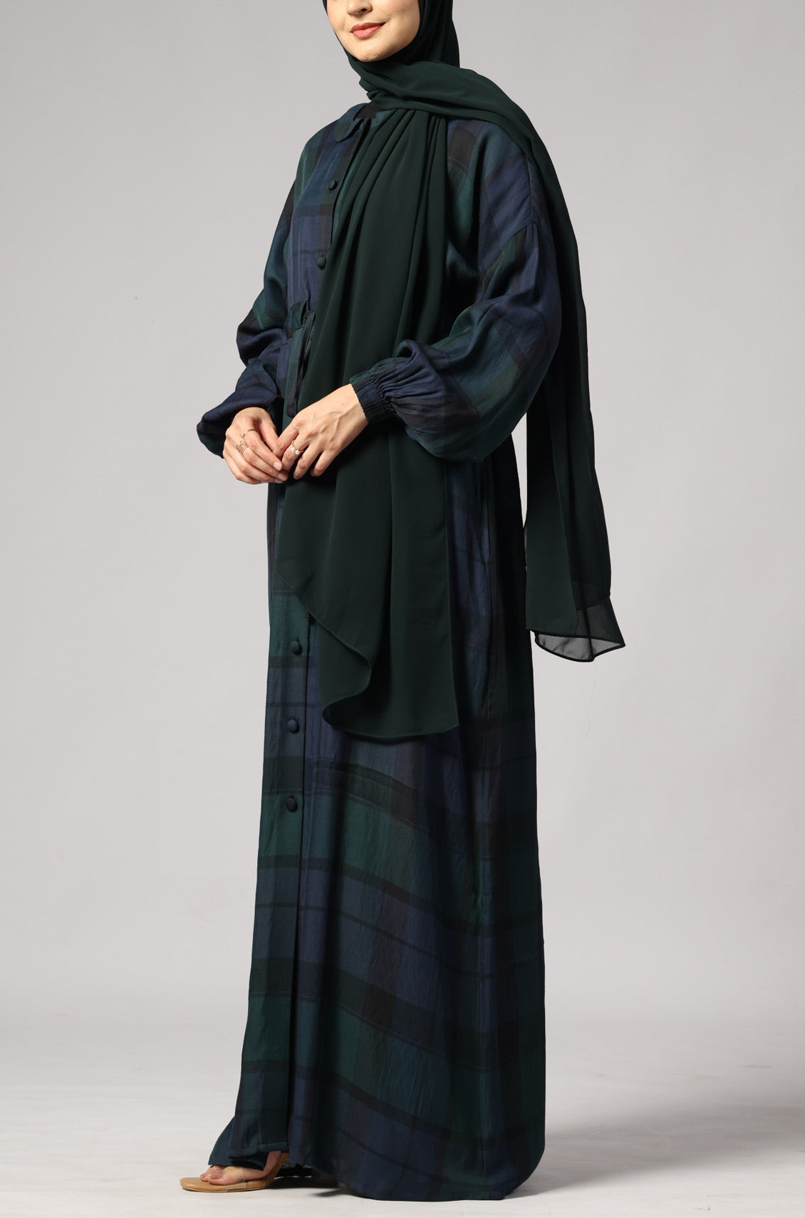 Check Drawstring Kimono Abaya Dress