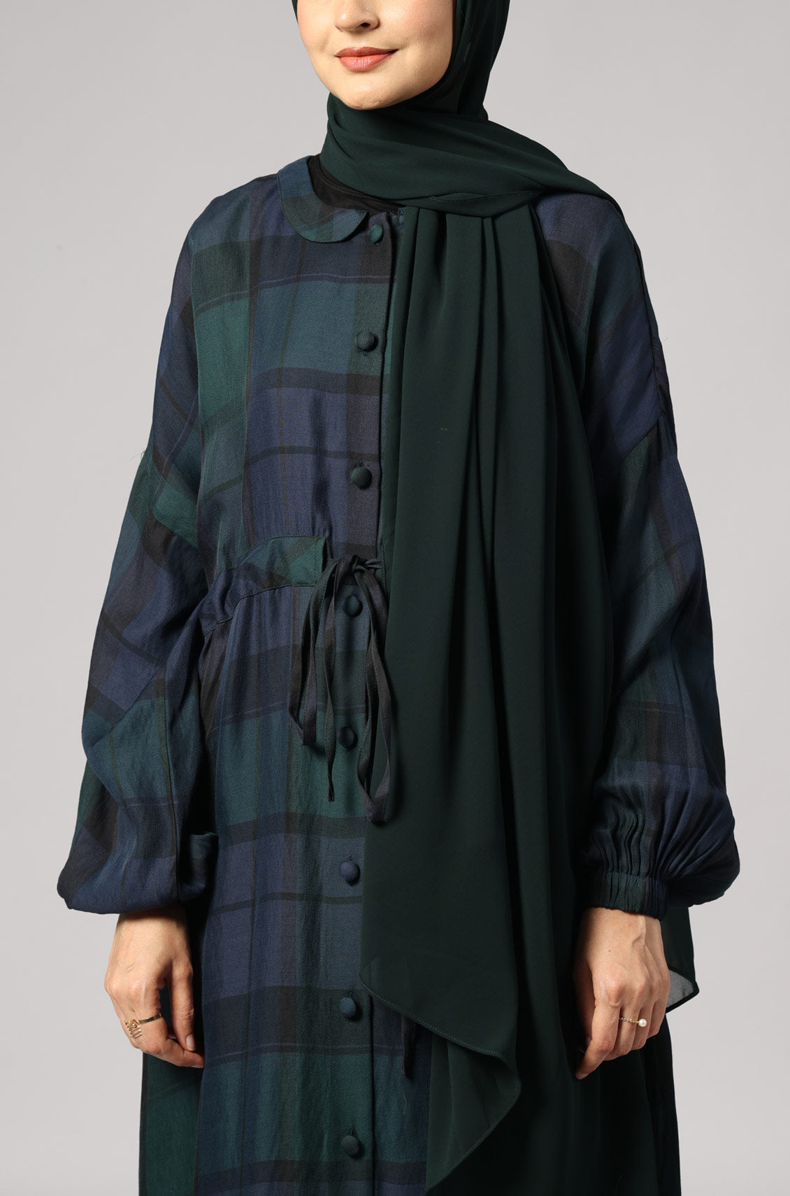 Check Drawstring Kimono Abaya Dress