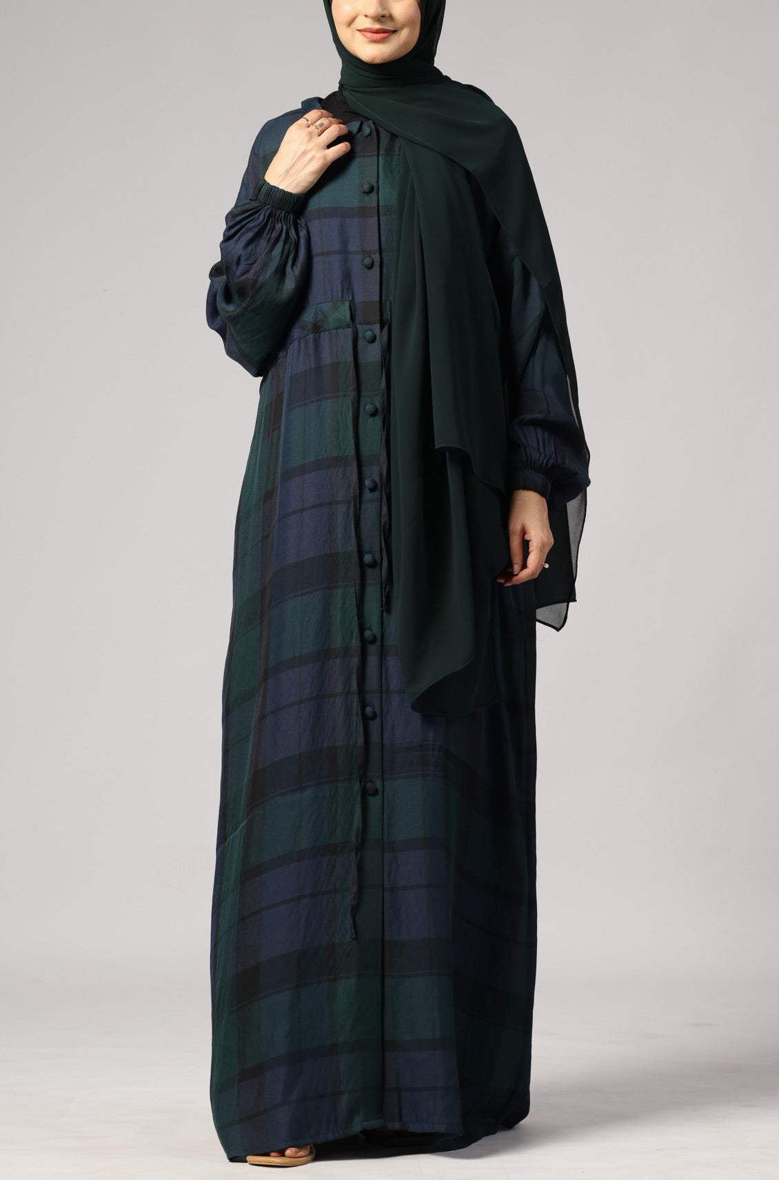 Check Drawstring Kimono Abaya Dress