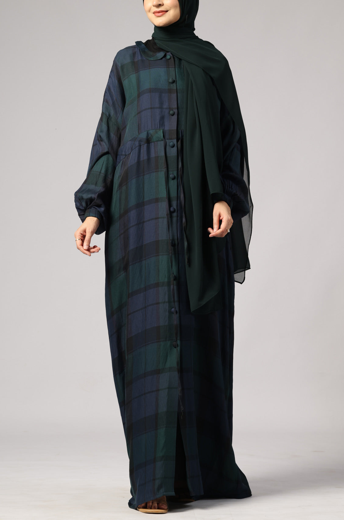 Check Drawstring Kimono Abaya Dress
