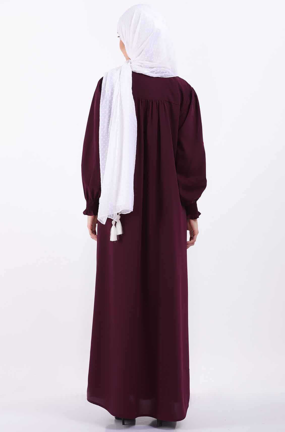 Dark Maroon Elastic Cuff Simple Abaya