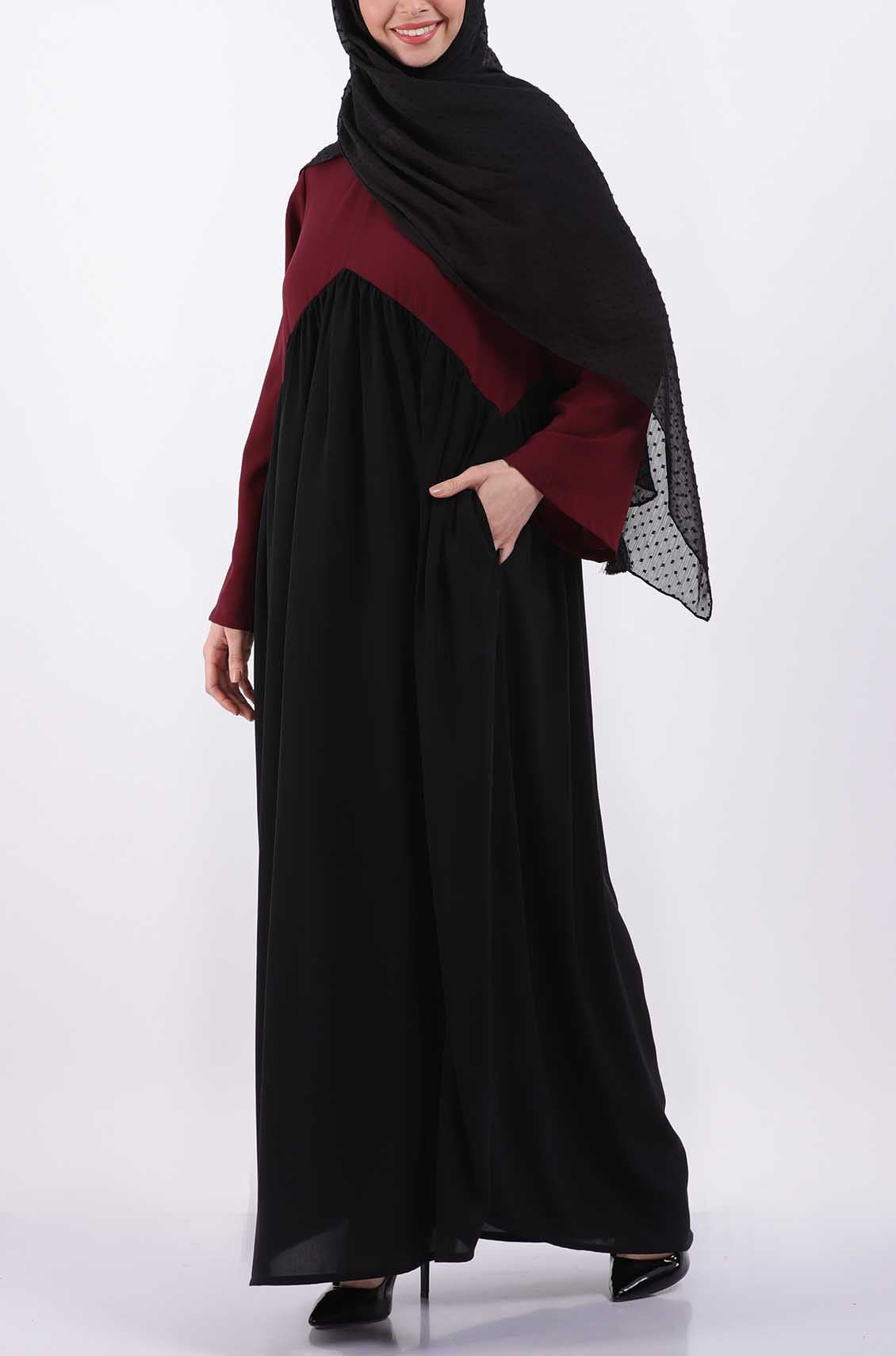 Color Block Maroon Gather Abaya