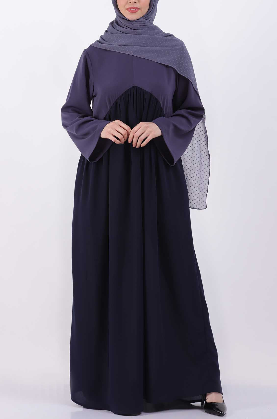 Color Block Bluish Grey Gather Abaya