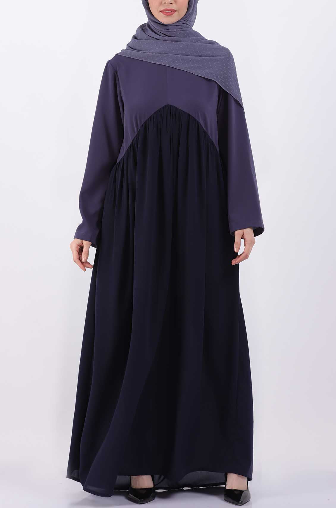 Color Block Bluish Grey Gather Abaya