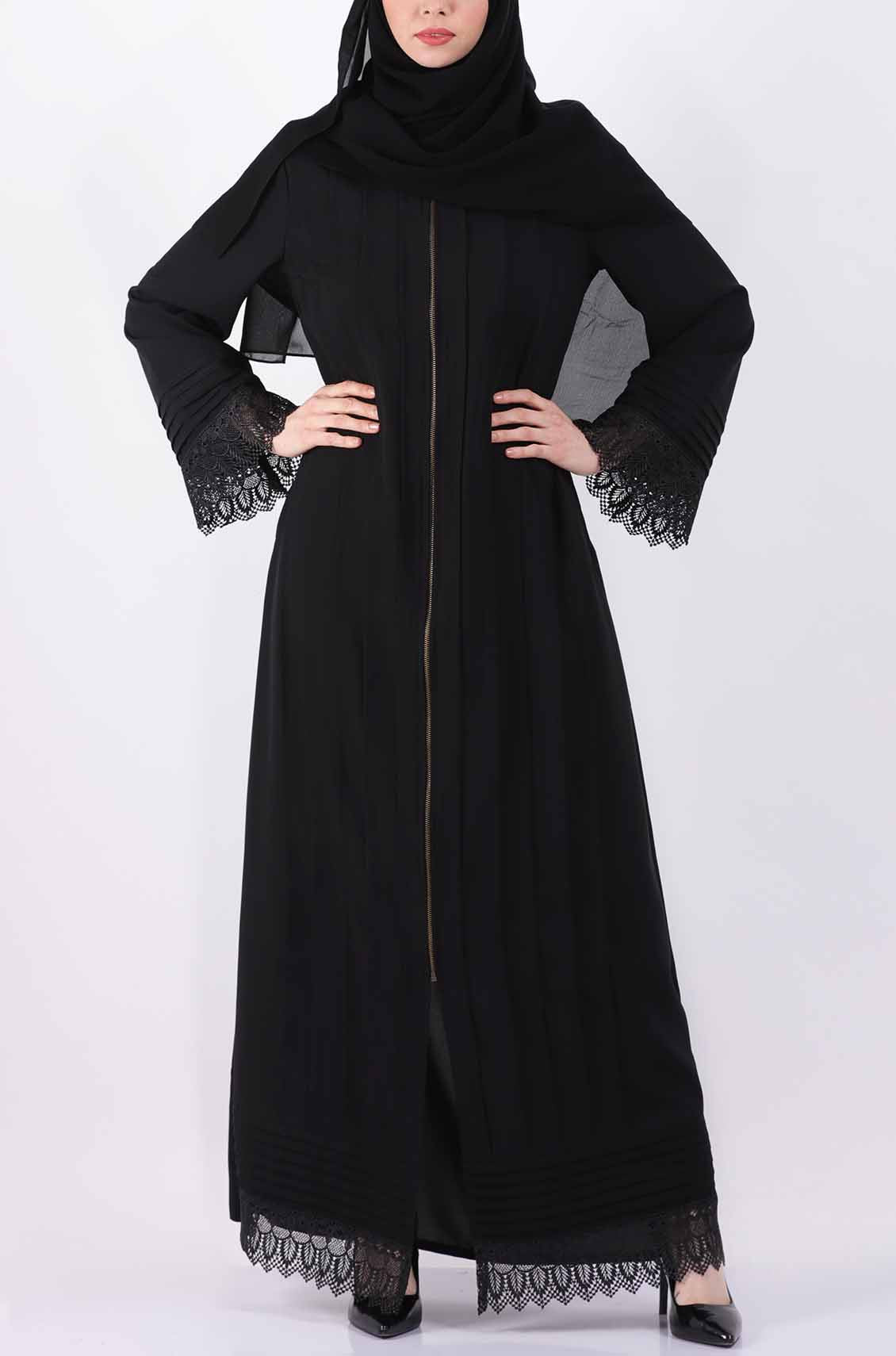 Pleated Lace Black Abaya