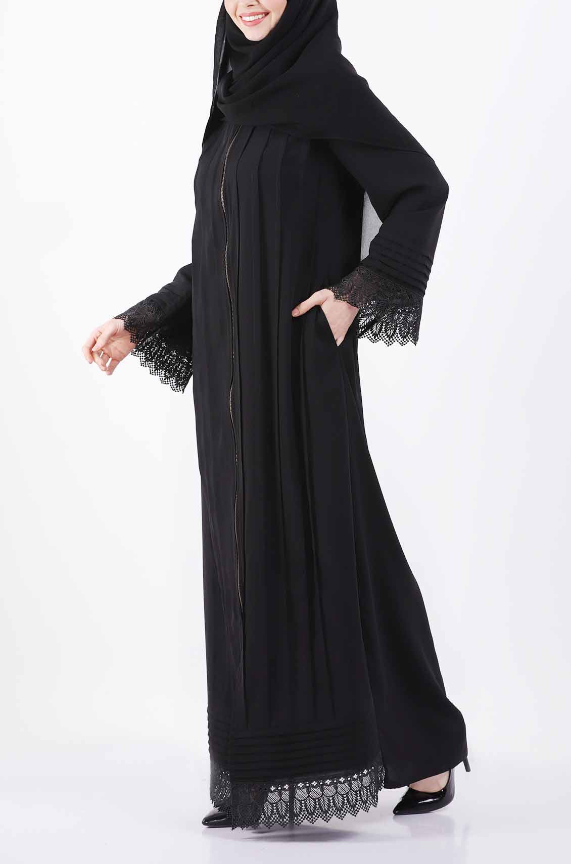 Pleated Lace Black Abaya