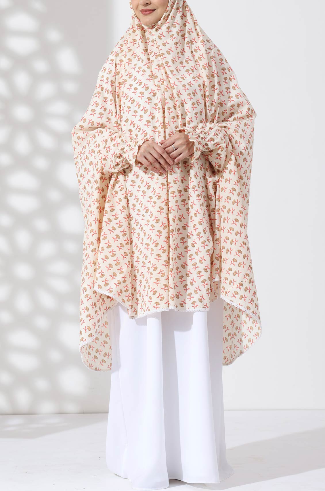 Cream Floral Knee Length Cotton Namaz Makhna