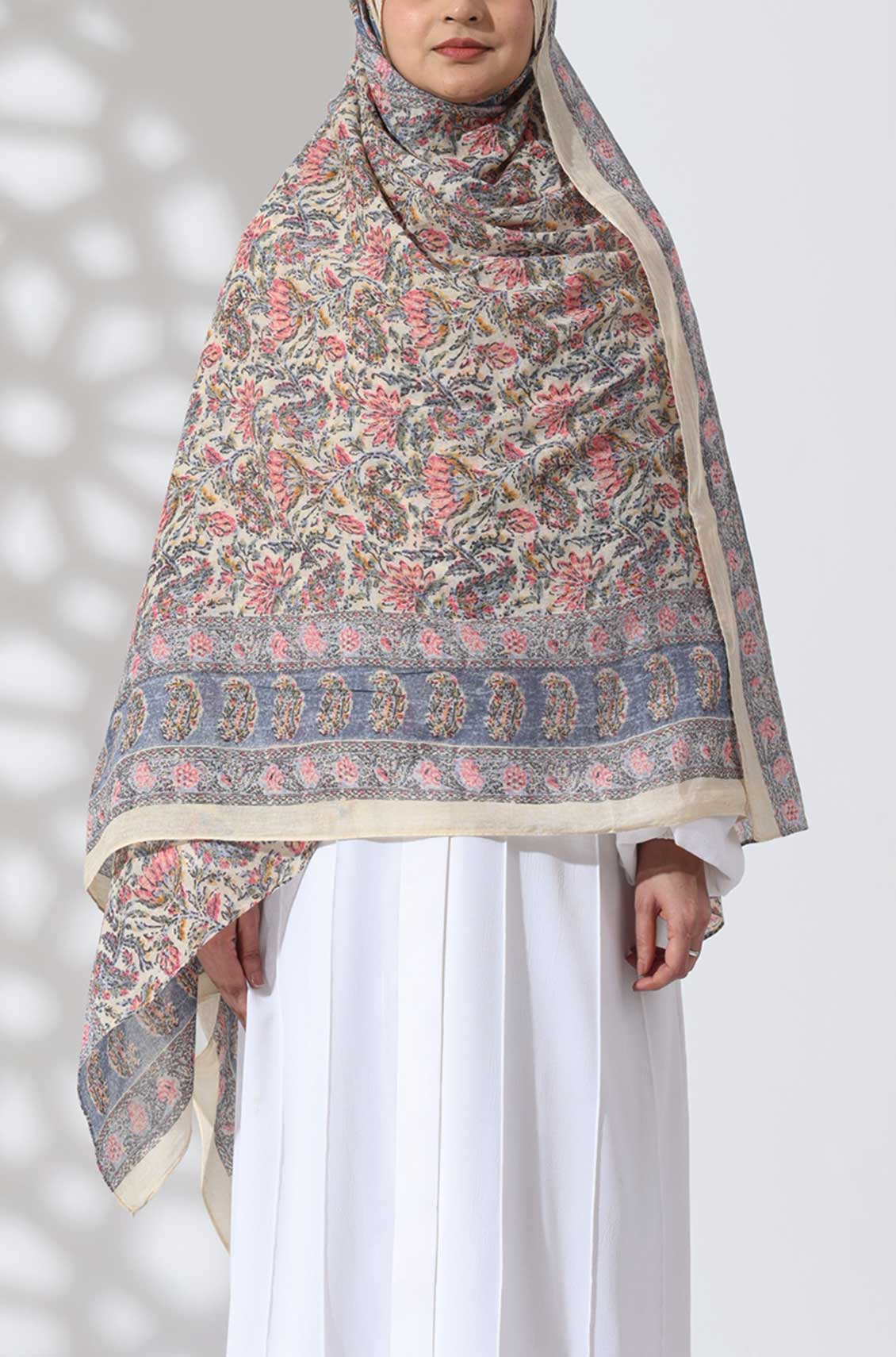 Cream Flora Cotton Namaz Dupatta