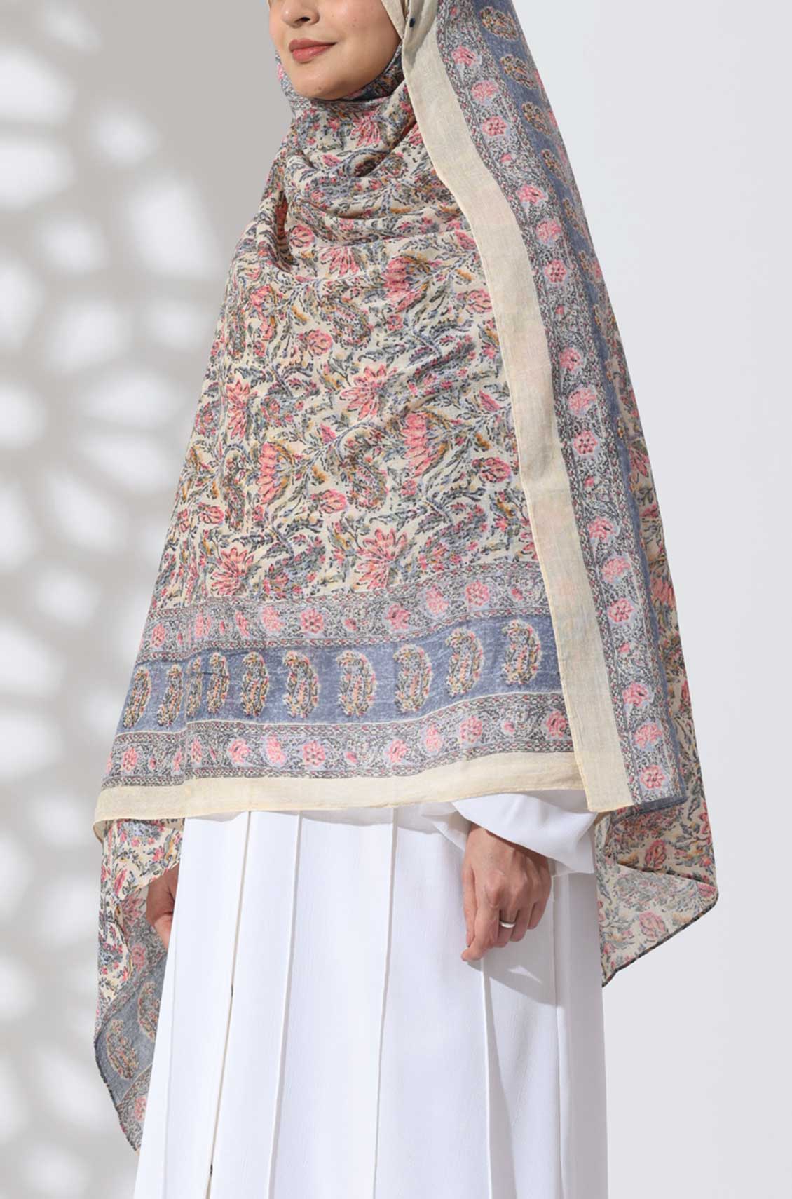 Cream Flora Cotton Namaz Dupatta