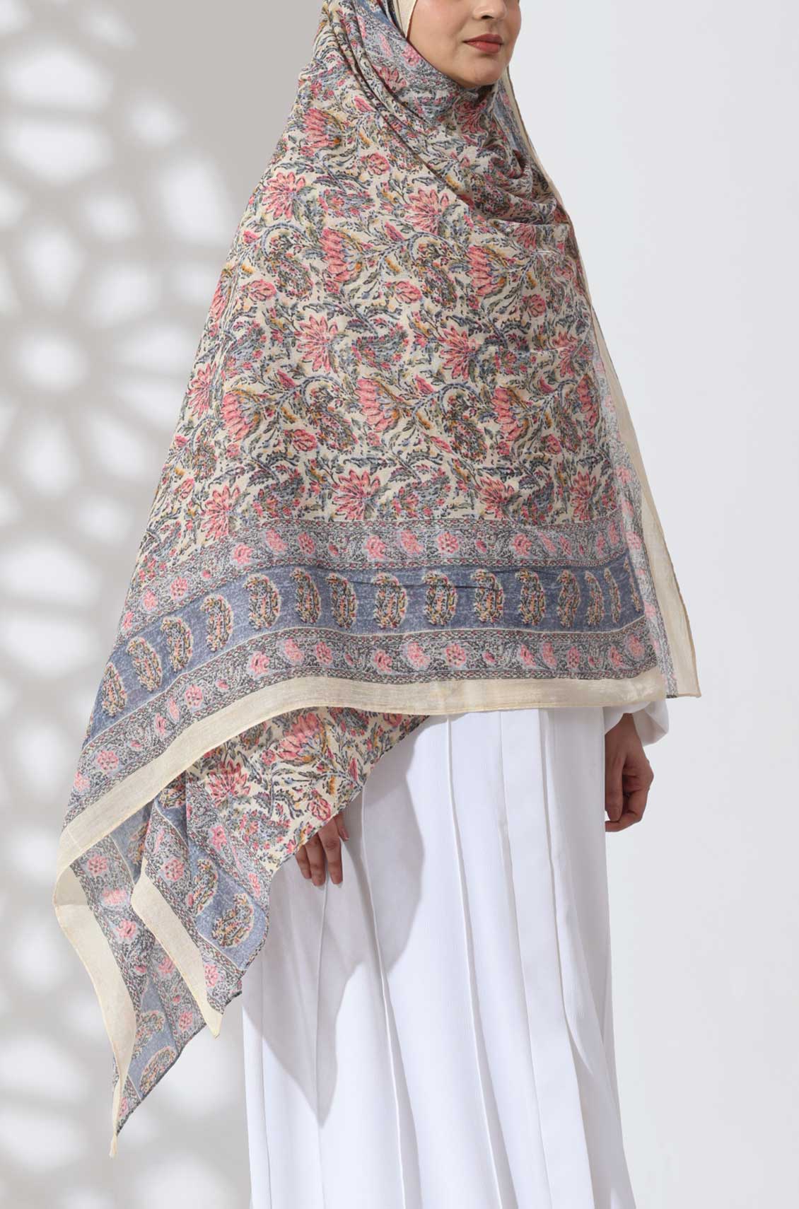 Cream Flora Cotton Namaz Dupatta