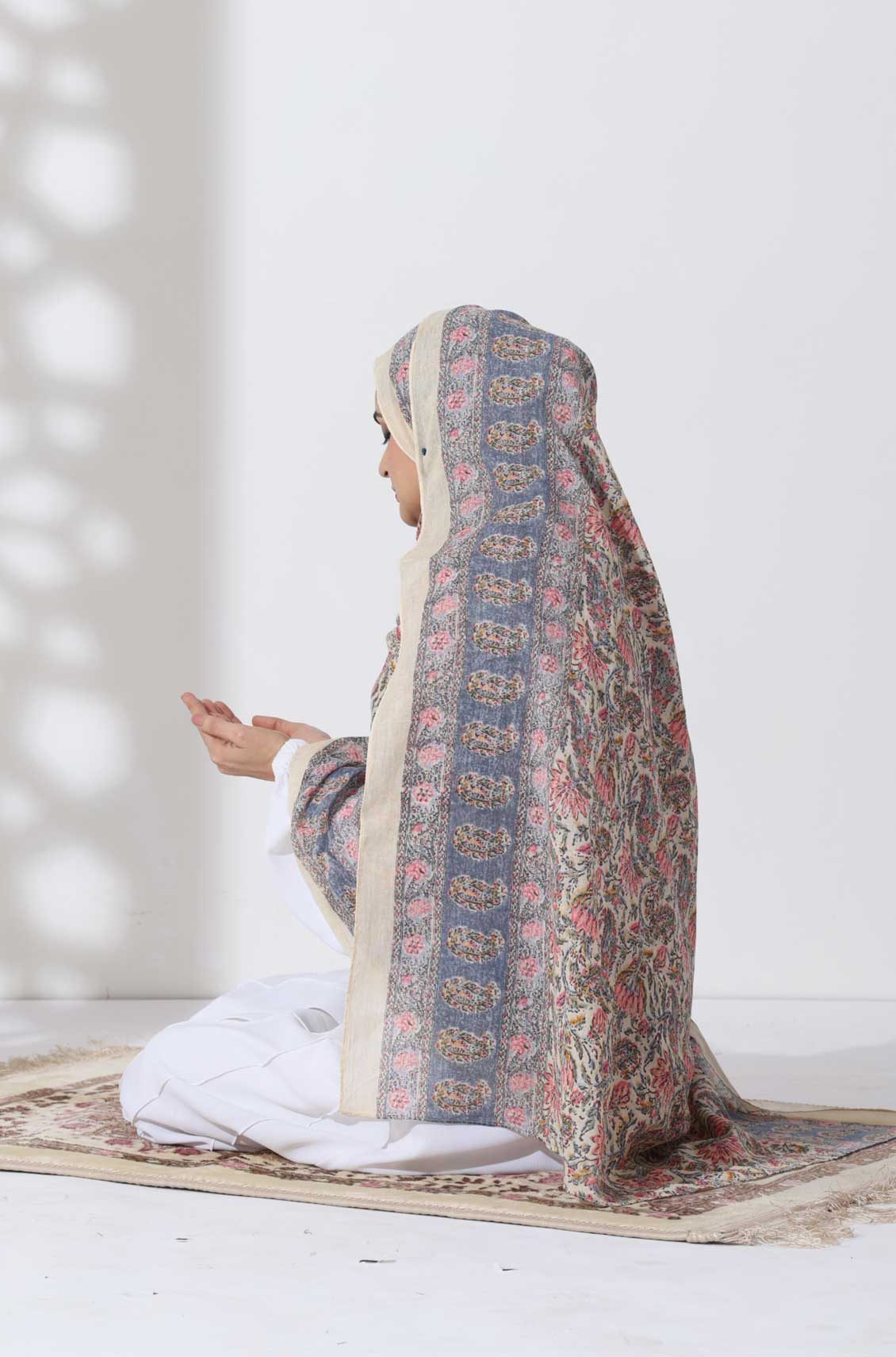 Cream Flora Cotton Namaz Dupatta
