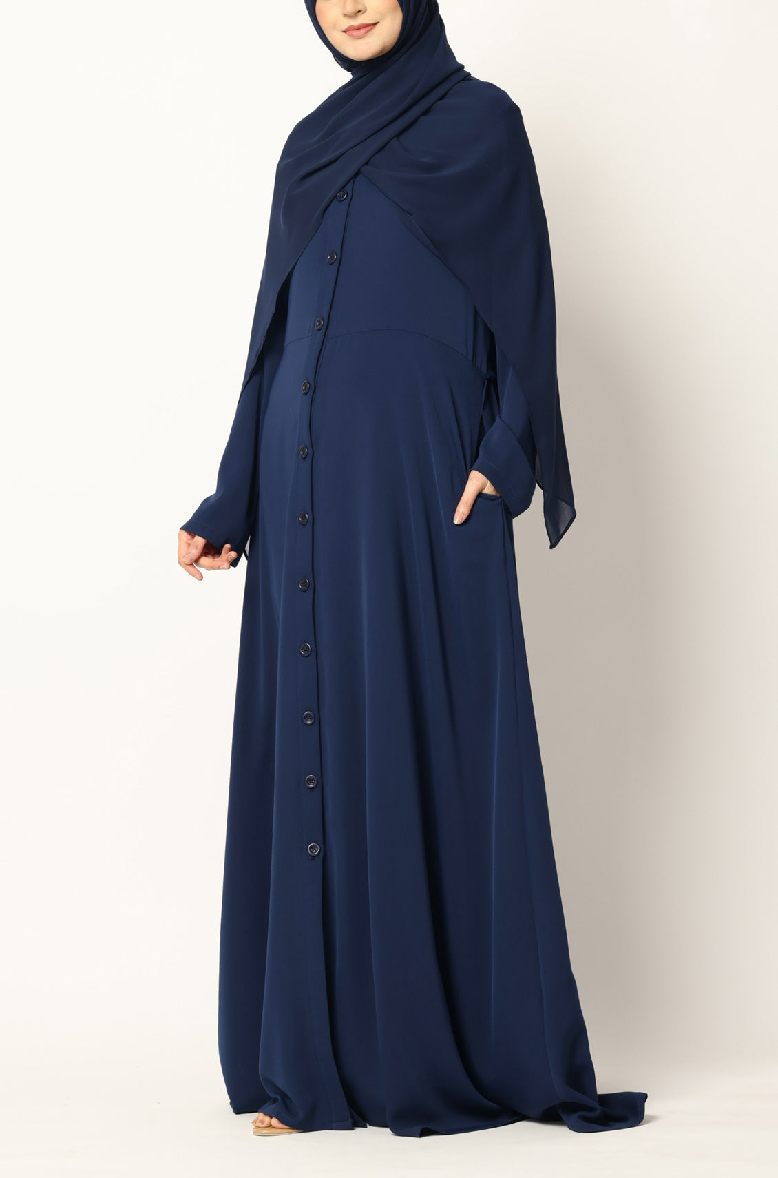 Simple Flared Abaya with Buttons - Persian Blue