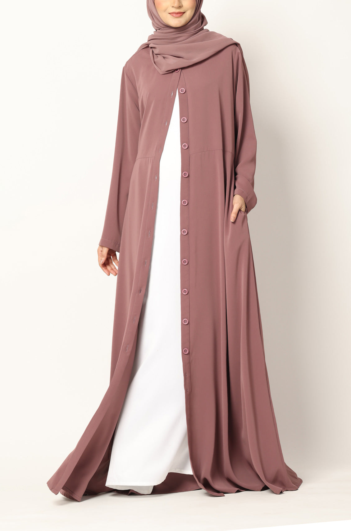 Simple Flared Abaya with Buttons - Dusty Rose