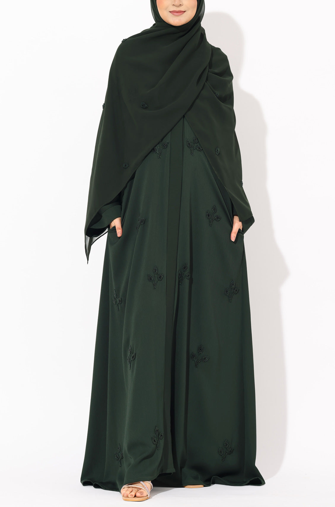 Luxury Pretty Petals Abaya Dress - Forest Green