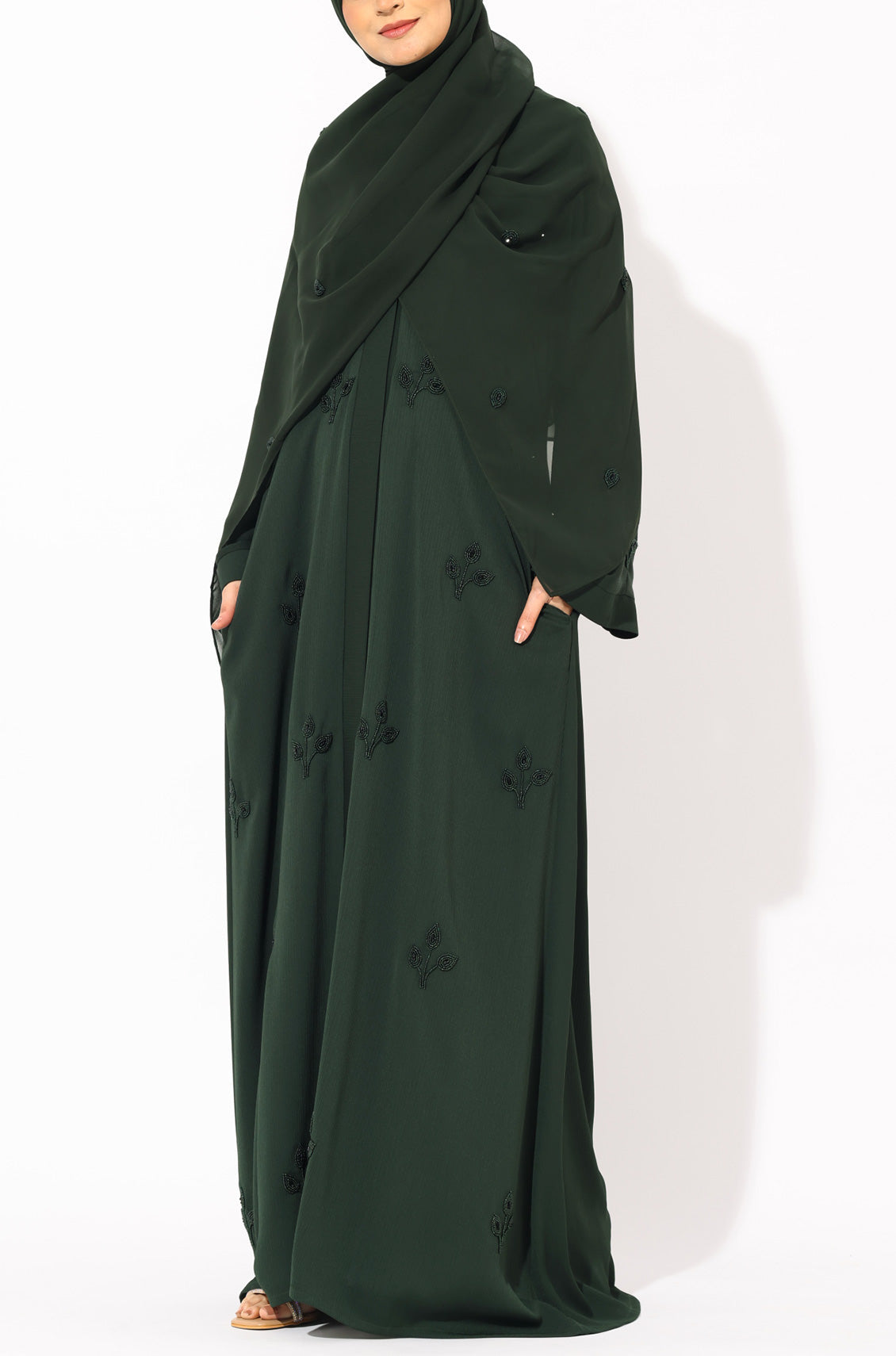 Luxury Pretty Petals Abaya Dress - Forest Green