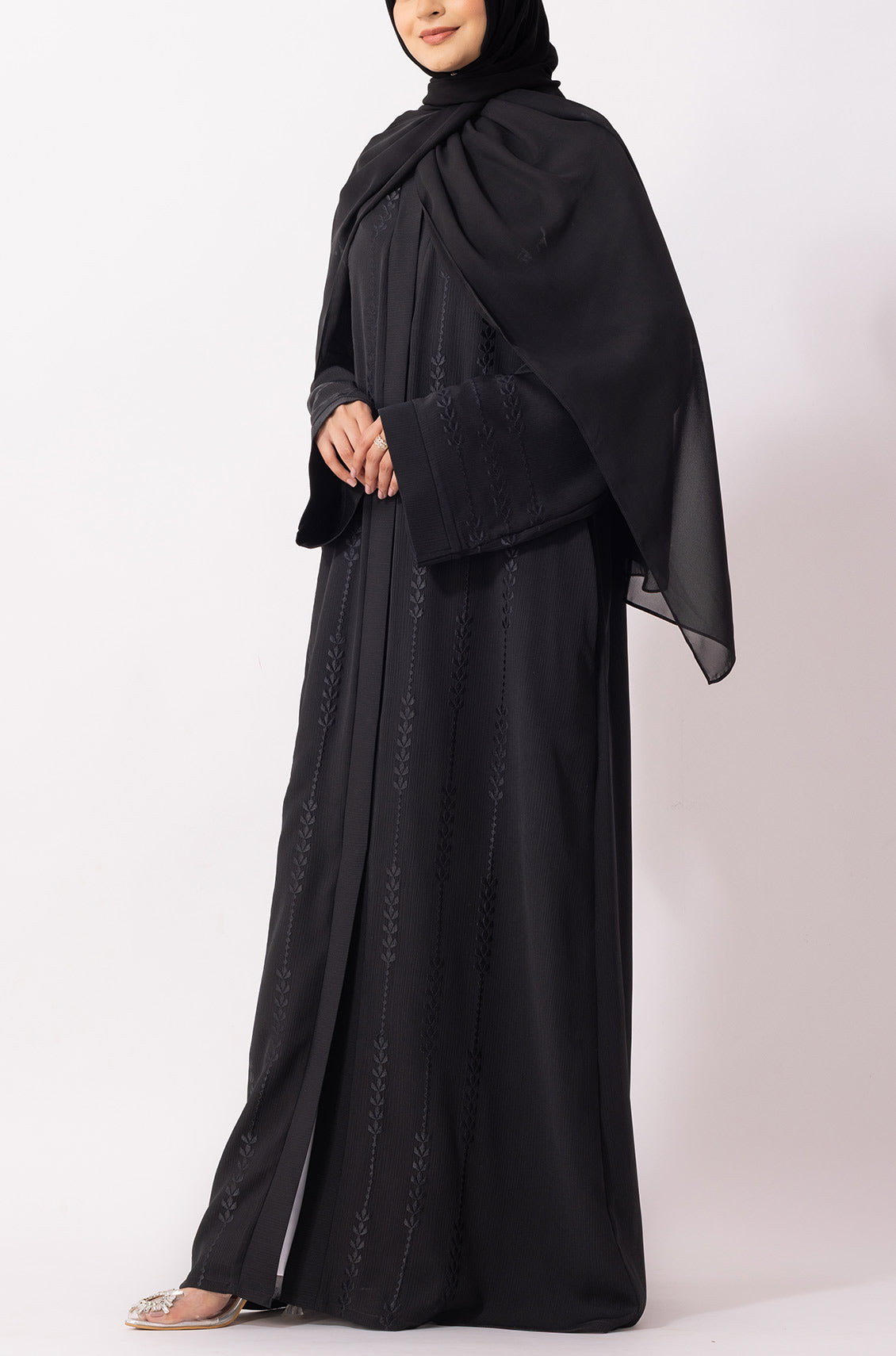 Floral Front Open Embroidered Abaya Black