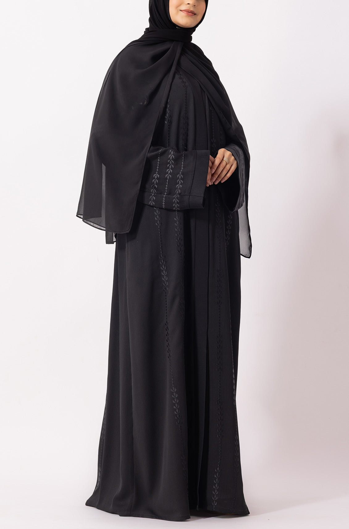 Floral Front Open Embroidered Abaya Black