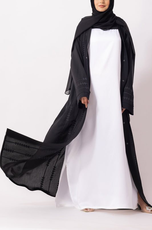 Floral Front Open Embroidered Abaya Black