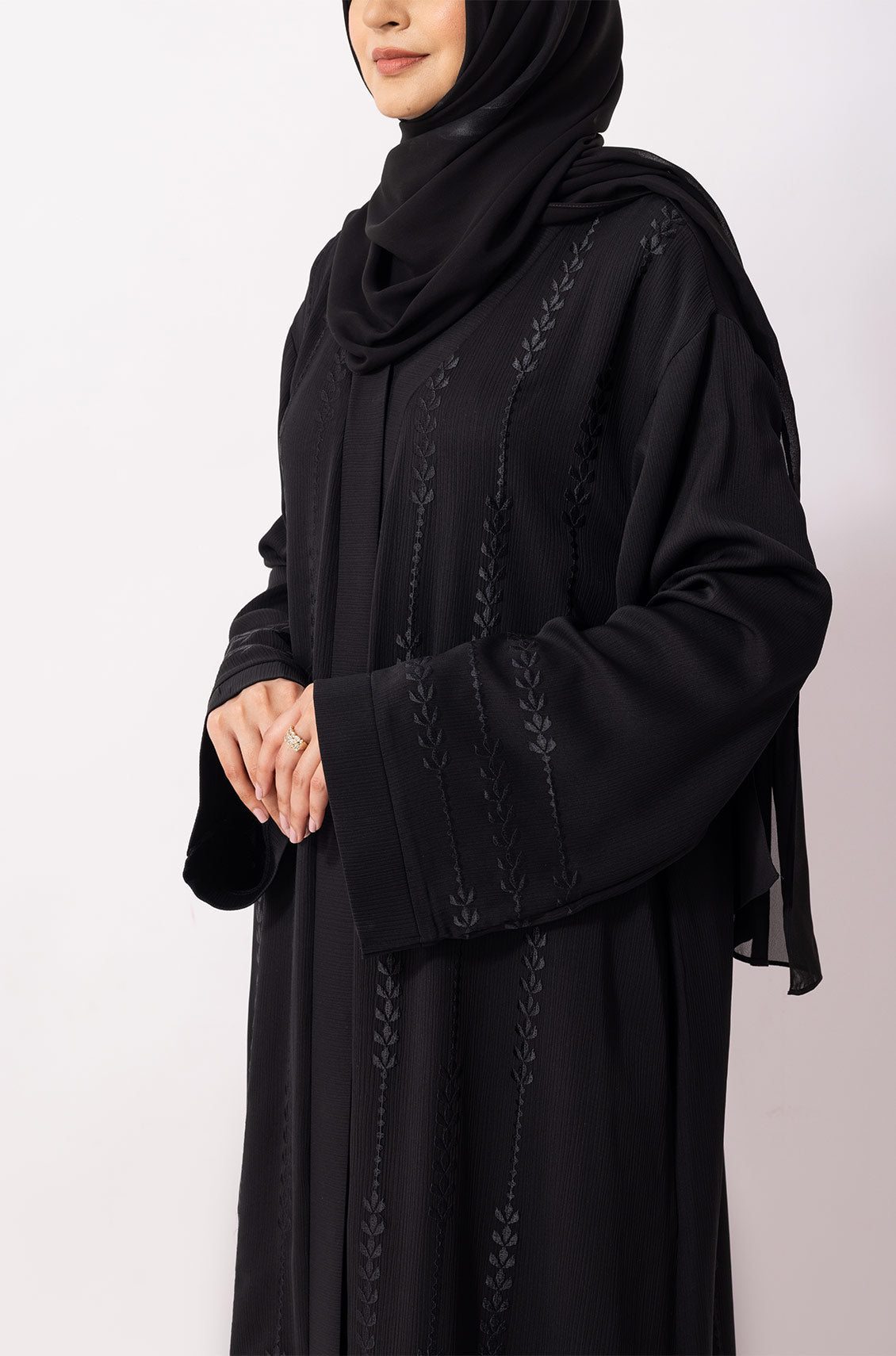 Floral Front Open Embroidered Abaya Black